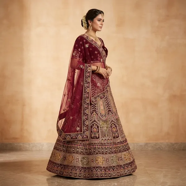 Maroon_Velvet_Bridal_Lehenga_Choli_Set_With_Sequin_Work