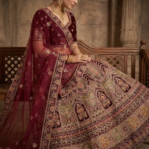 Maroon_Velvet_Bridal_Lehenga_Choli_Set_With_Sequin_Work