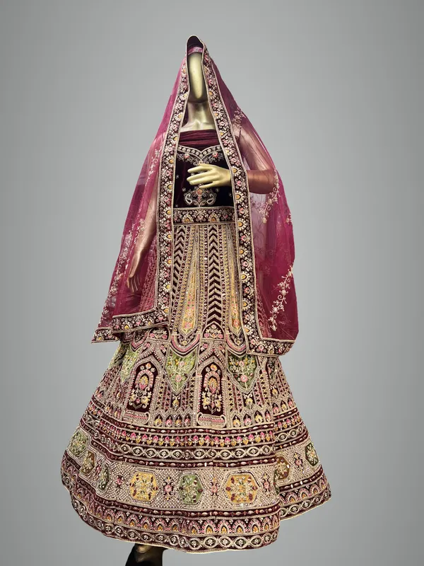 Maroon_Velvet_Bridal_Lehenga_Choli_Set_With_Sequin_Work