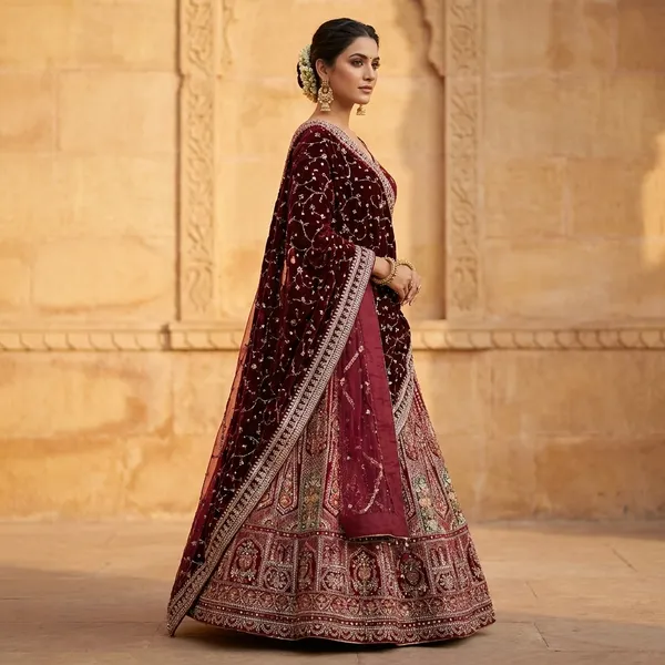 Maroon_Velvet_Bridal_Lehenga_Choli_Set_With_Embroidery_And_Dupatta