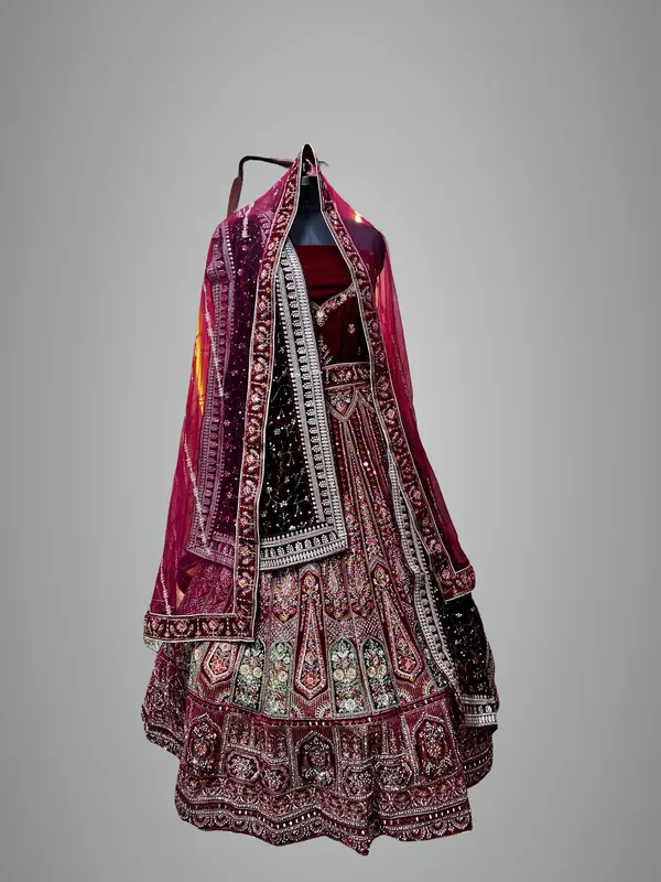 Maroon_Velvet_Bridal_Lehenga_Choli_Set_With_Embroidery_And_Dupatta