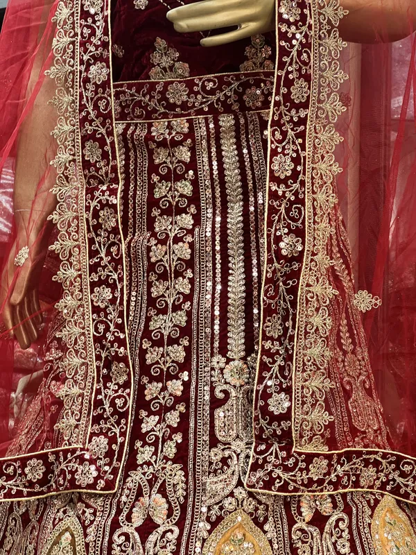 Maroon_Velvet_Bridal_Lehenga_Choli_Set_With_Embroidery_And_Dupatta