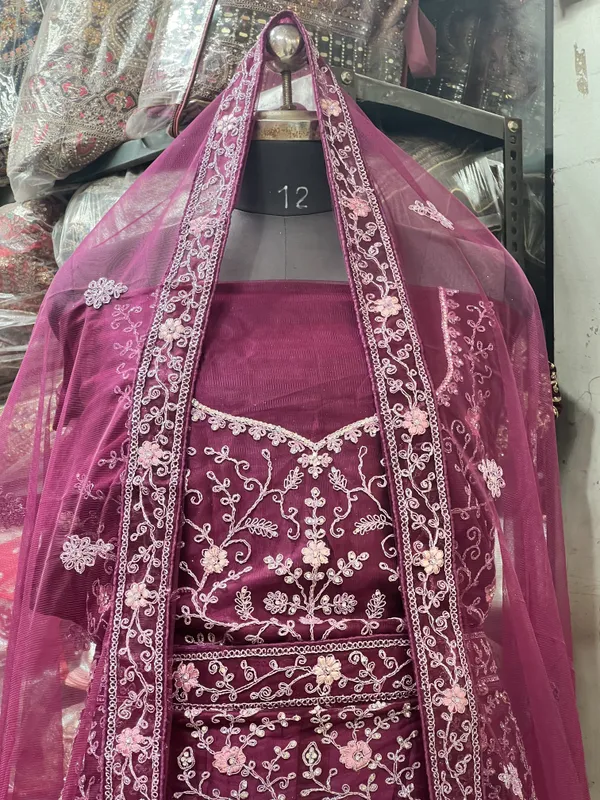 Maroon_Velvet_Lehenga_Choli_Set_With_Embroidery_And_Dupatta