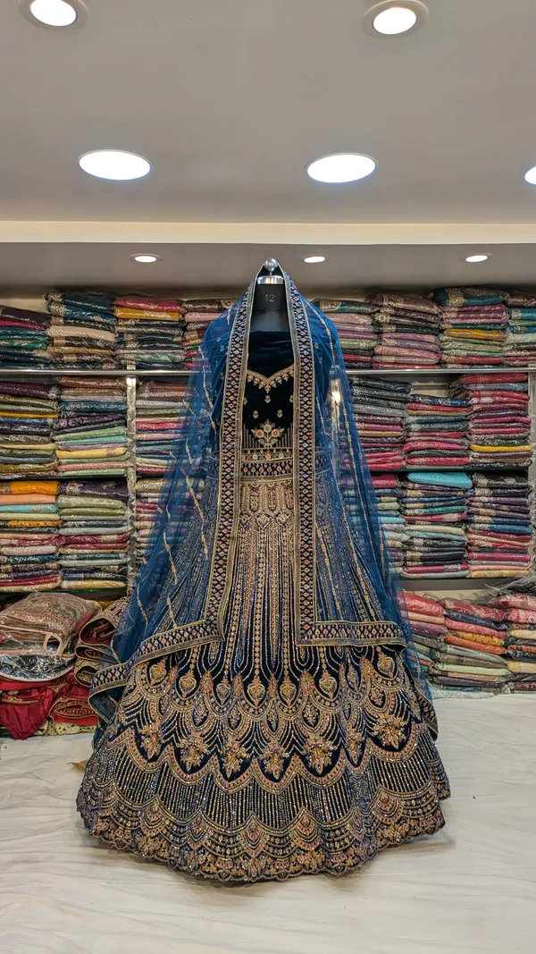 Navy_Blue_Velvet_Bridal_Lehenga_Choli_Set_With_Embroidery_And_Dupatta