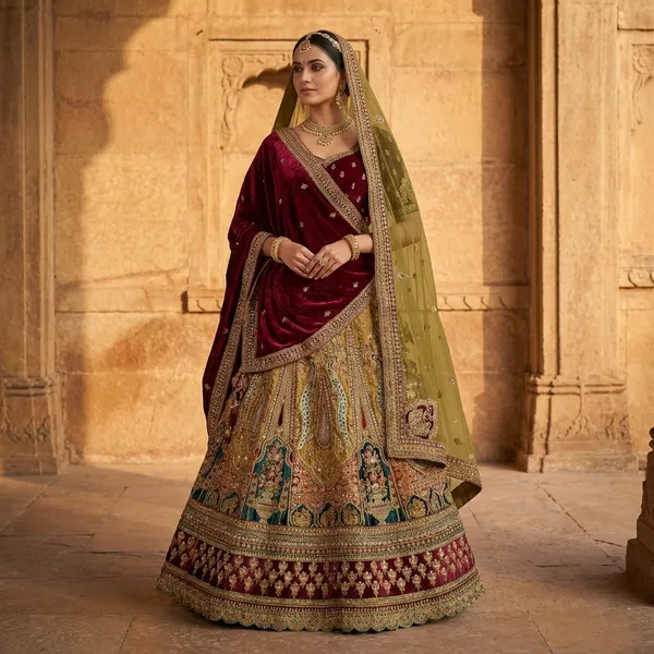 Golden_Beige_Velvet_Bridal_Lehenga_Choli_Set_With_Embroidery_And_Dupatta