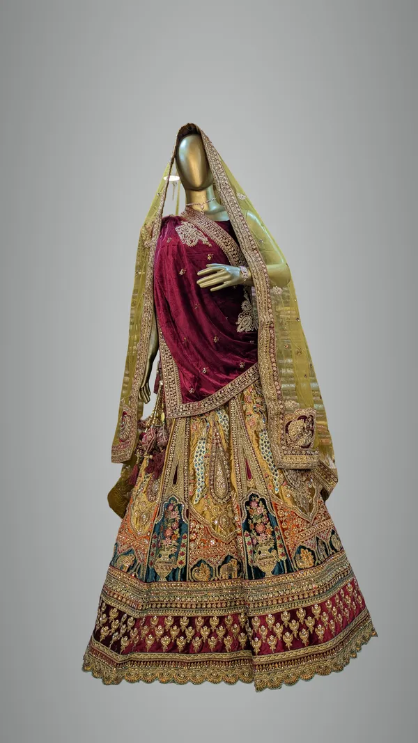 Golden_Beige_Velvet_Bridal_Lehenga_Choli_Set_With_Embroidery_And_Dupatta