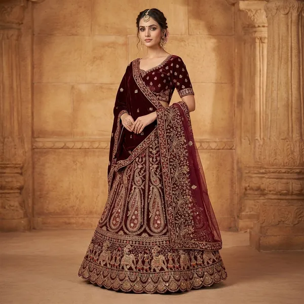 Maroon_Velvet_Bridal_Lehenga_Choli_Set_With_Zari_Work