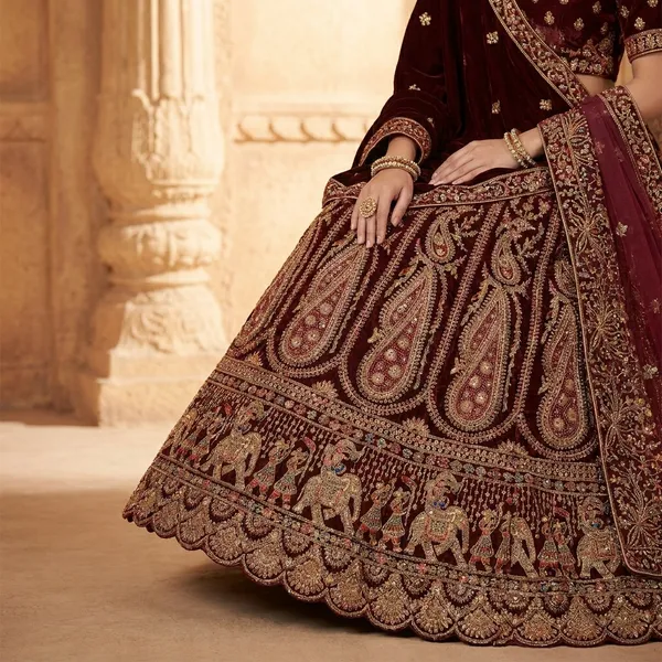 Maroon_Velvet_Bridal_Lehenga_Choli_Set_With_Zari_Work