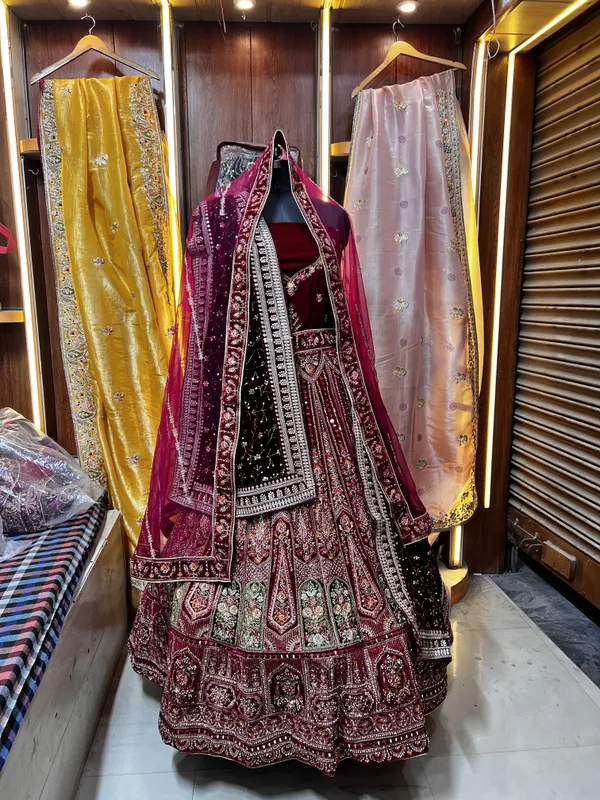 Maroon_Velvet_Bridal_Lehenga_Choli_Set_With_Embroidery_And_Dupatta