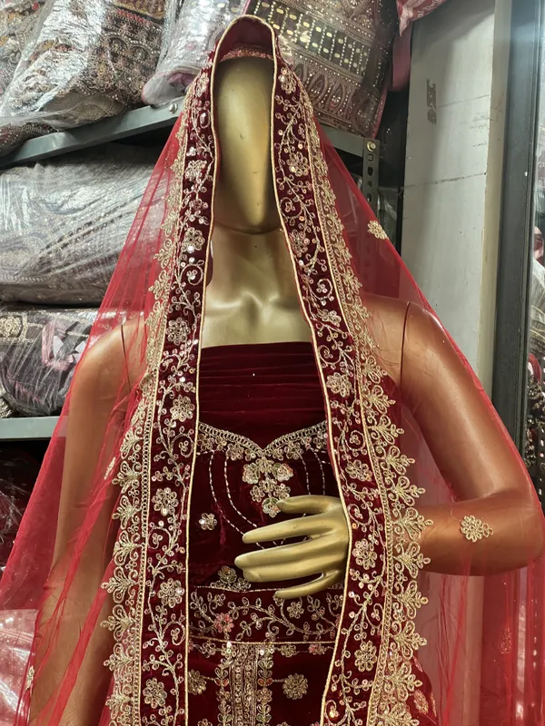 Maroon_Velvet_Bridal_Lehenga_Choli_Set_With_Embroidery_And_Dupatta