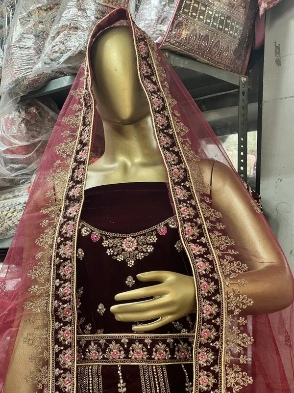 Maroon_Velvet_Bridal_Lehenga_Choli_Set_With_Embroidery_And_Dupatta