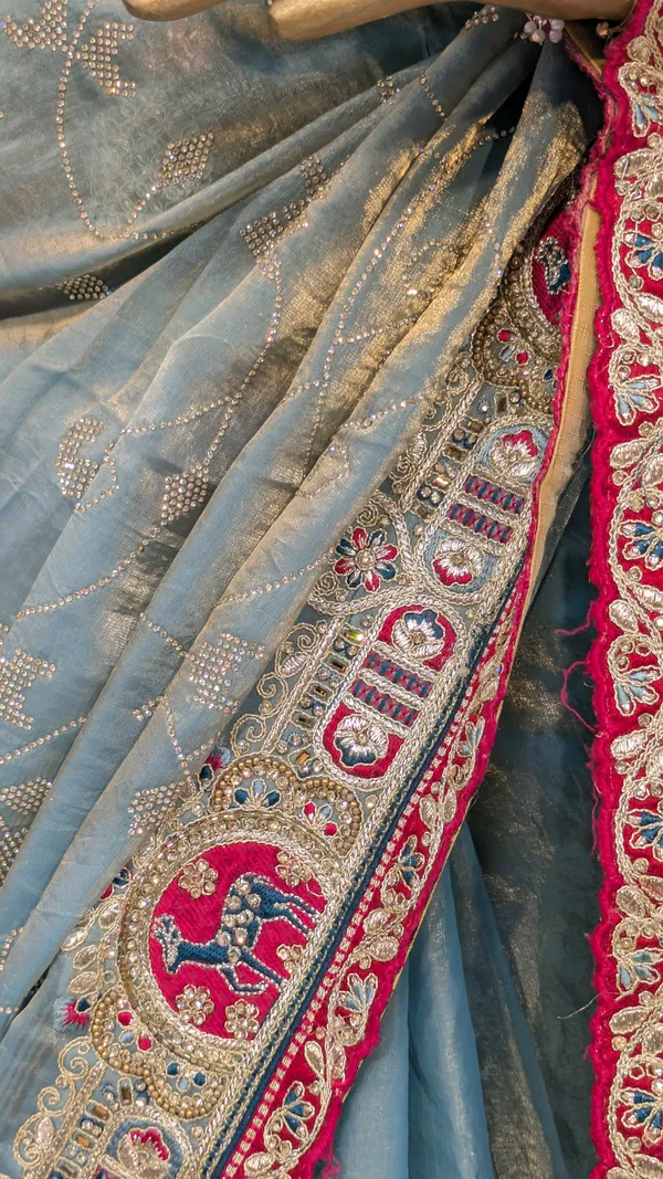 Blue_Fendi_Silk_Saree_With_Embellished_Border