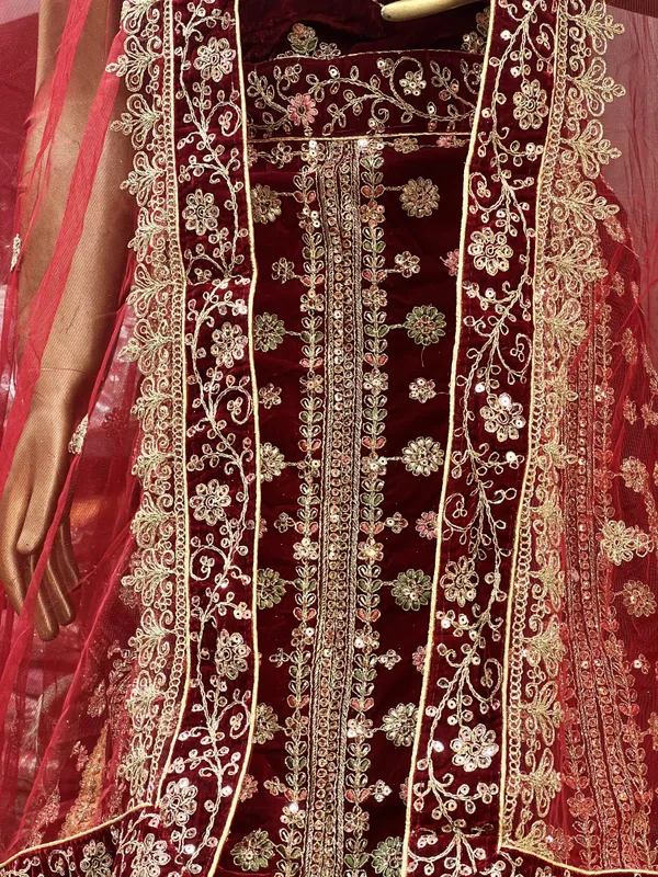 Maroon_Velvet_Bridal_Lehenga_Choli_Set_With_Embroidery_And_Dupatta