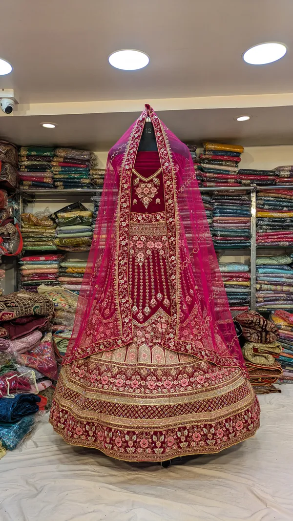 Maroon_Velvet_Bridal_Lehenga_Choli_Set_With_Embroidery_And_Dupatta