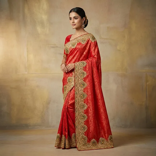 Red_Satin_Silk_Bridal_Saree_With_Heavy_Gold_Border_And_Peacock_Motifs
