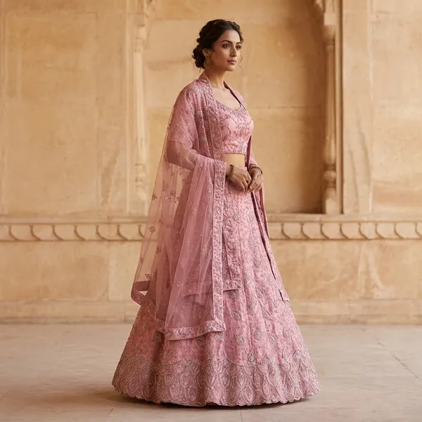 Pink_Net_Lehenga_Choli_Set_With_Embroidery_And_Dupatta