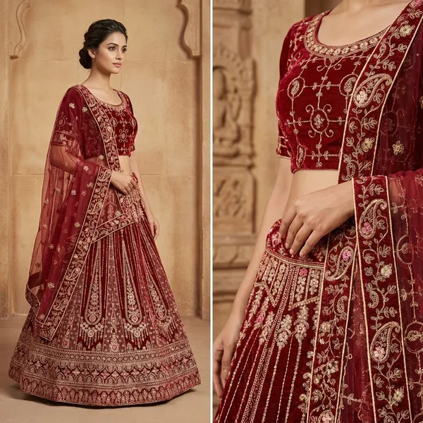 Maroon_Velvet_Bridal_Lehenga_Choli_Set_With_Embroidery_And_Dupatta