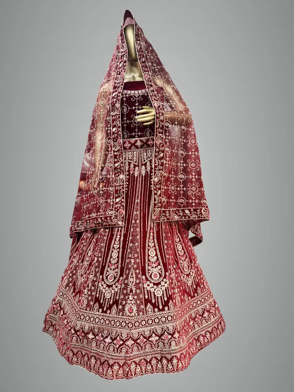 Maroon_Velvet_Bridal_Lehenga_Choli_Set_With_Embroidery_And_Dupatta