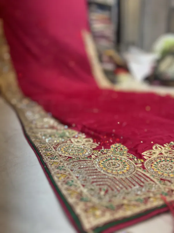 Red_Satin_Silk_Saree_With_Golden_Embroidery_And_Sequin_Work