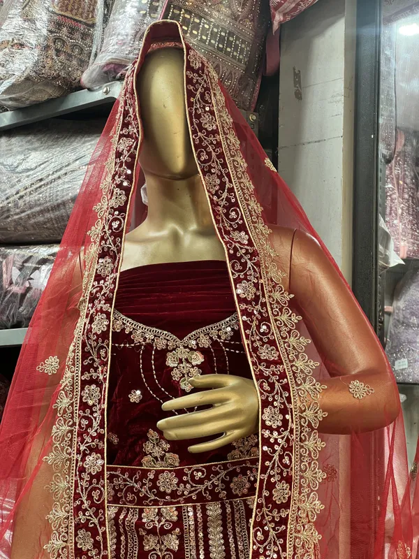 Maroon_Velvet_Bridal_Lehenga_Choli_Set_With_Embroidery_And_Dupatta