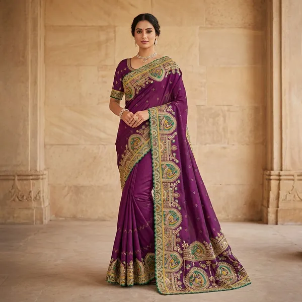 Purple_Satin_Silk_Saree_With_Multicolor_Peacock_Border