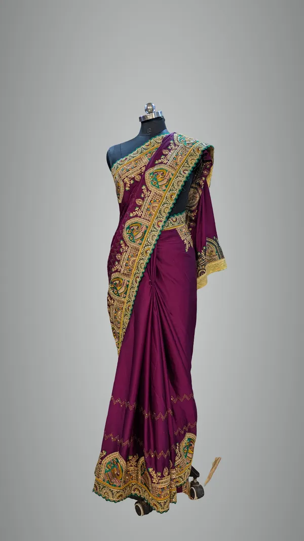 Purple_Satin_Silk_Saree_With_Multicolor_Peacock_Border