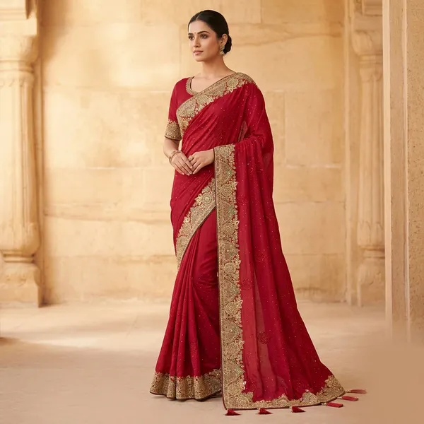Red_Satin_Silk_Saree_With_Golden_Embroidery_And_Sequin_Work
