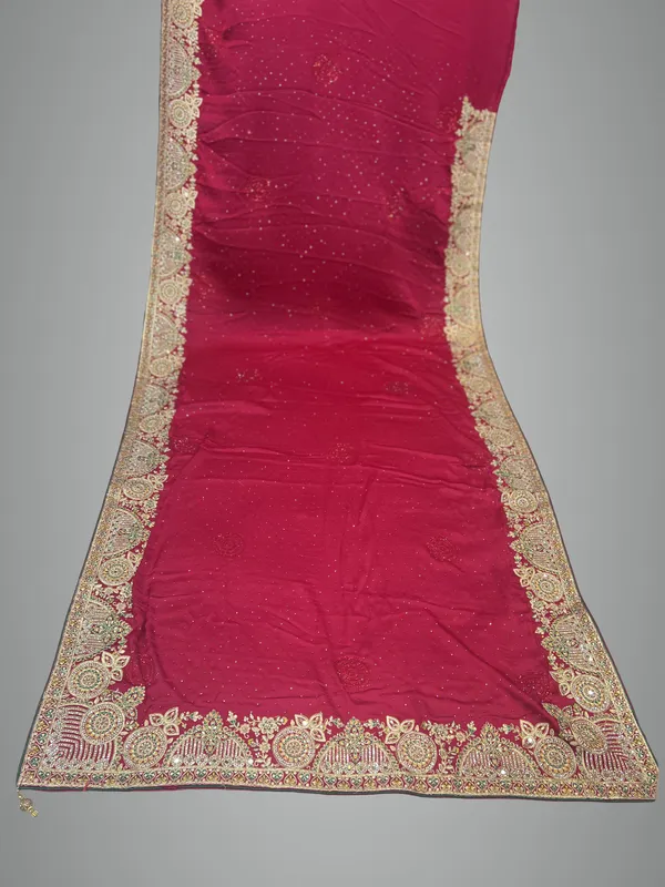 Red_Satin_Silk_Saree_With_Golden_Embroidery_And_Sequin_Work