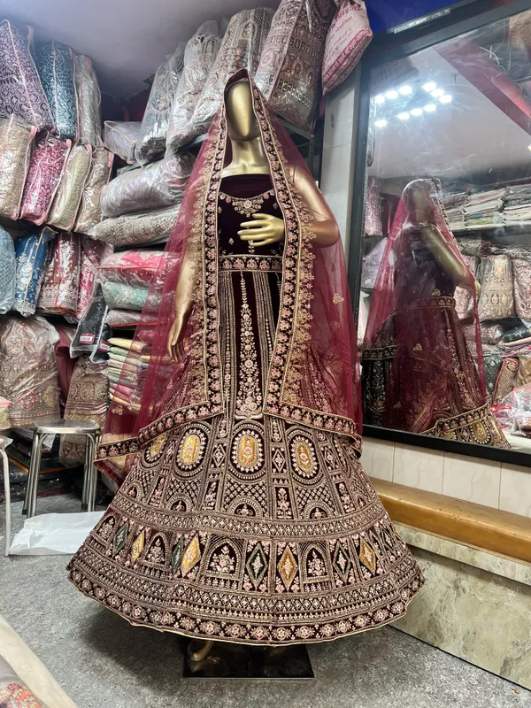 Maroon_Velvet_Bridal_Lehenga_Choli_Set_With_Embroidery_And_Dupatta