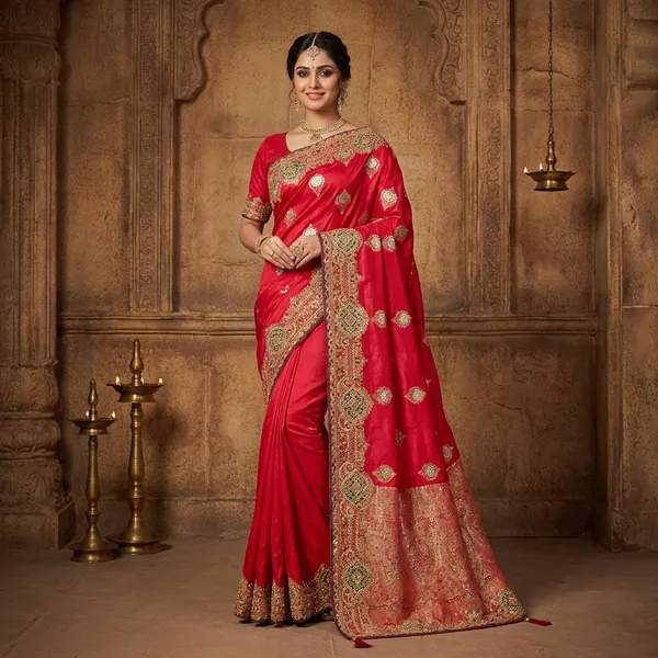 Red_Silk_Saree_With_Golden_Zari_And_Silver_Embroidery