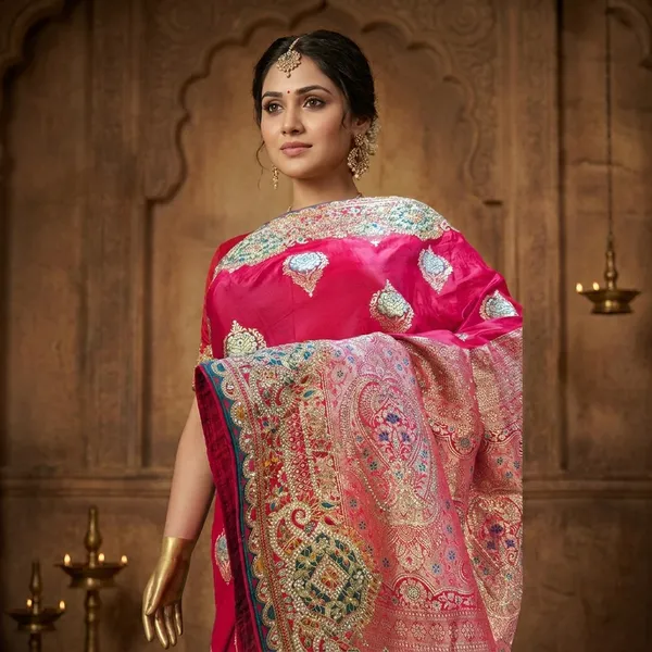 Red_Silk_Saree_With_Golden_Zari_And_Silver_Embroidery
