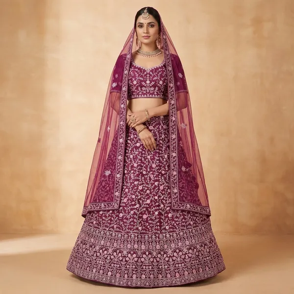 Maroon_Velvet_Lehenga_Choli_Set_With_Embroidery_And_Dupatta