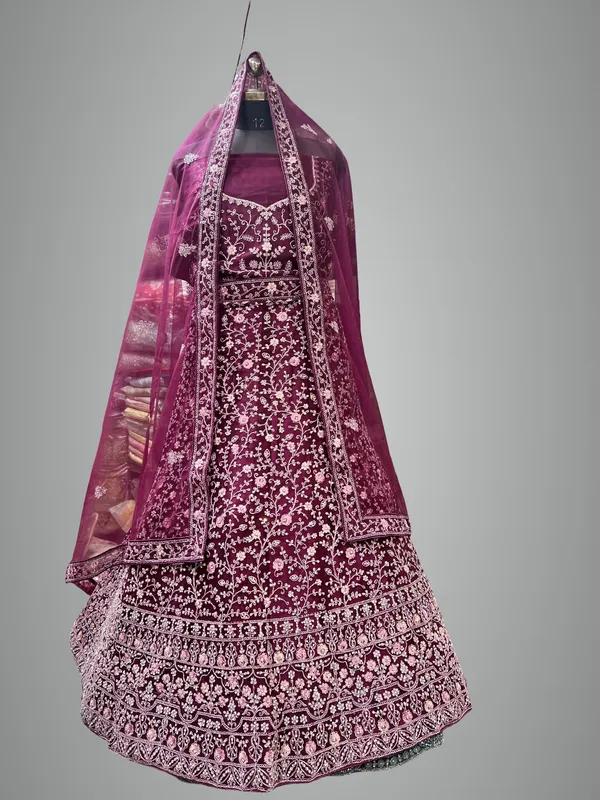 Maroon_Velvet_Lehenga_Choli_Set_With_Embroidery_And_Dupatta