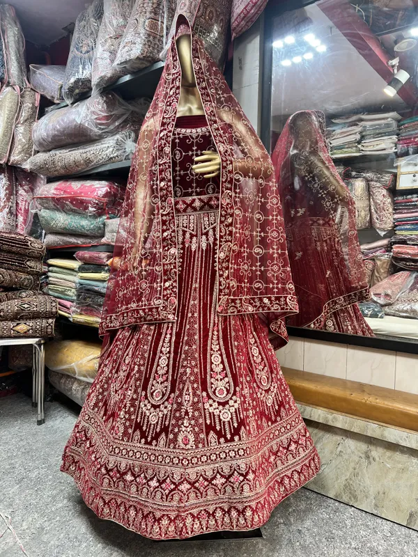 Maroon_Velvet_Bridal_Lehenga_Choli_Set_With_Embroidery_And_Dupatta