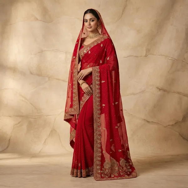 Red_Georgette_Bridal_Saree_With_Golden_Embroidery_And_Dupatta