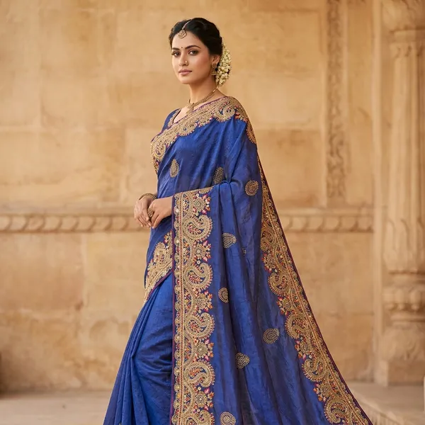 Royal_Blue_Fendi_Silk_Saree_With_Golden_Paisley_Border