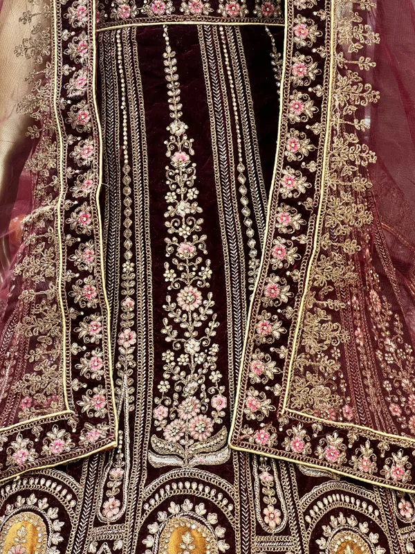 Maroon_Velvet_Bridal_Lehenga_Choli_Set_With_Embroidery_And_Dupatta