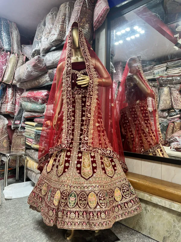 Maroon_Velvet_Bridal_Lehenga_Choli_Set_With_Embroidery_And_Dupatta