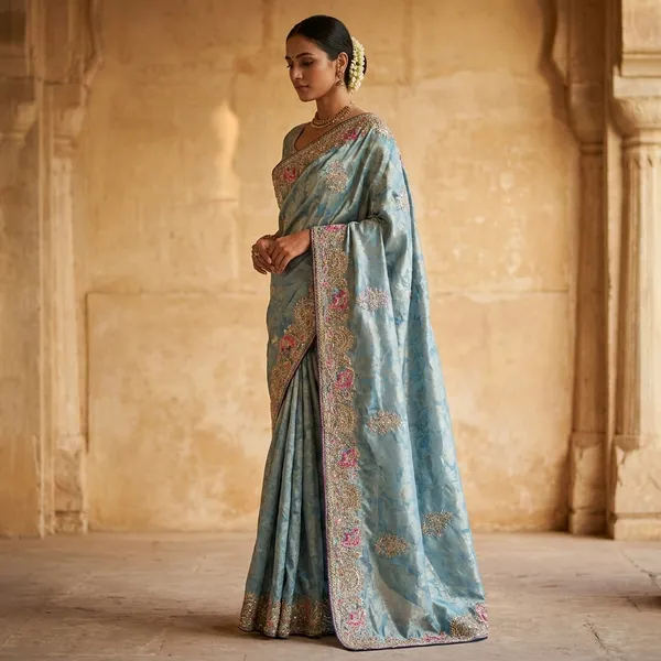 Sky_Blue_Kanjivaram_Silk_Saree_With_Golden_Border_And_Blouse_Piece