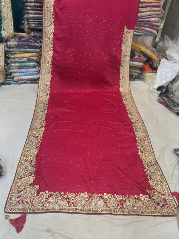Red_Satin_Silk_Saree_With_Golden_Embroidery_And_Sequin_Work