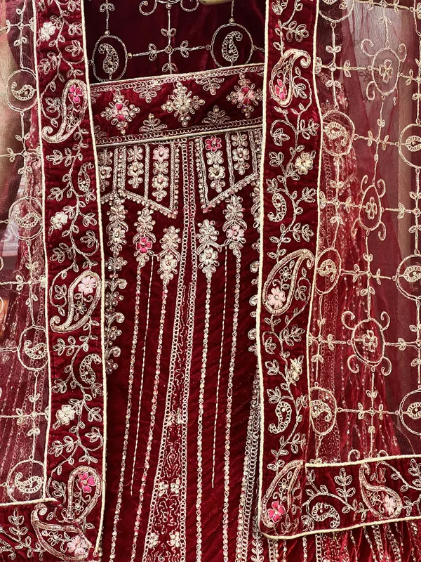 Maroon_Velvet_Bridal_Lehenga_Choli_Set_With_Embroidery_And_Dupatta