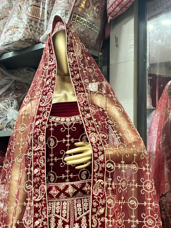 Maroon_Velvet_Bridal_Lehenga_Choli_Set_With_Embroidery_And_Dupatta
