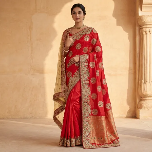 Red_Silk_Bridal_Saree_With_Heavy_Embroidered_Border_And_Pallu