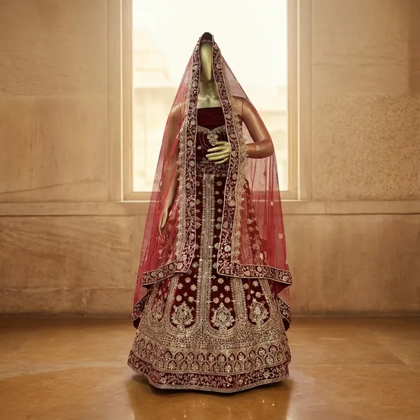 Maroon_Velvet_Bridal_Lehenga_Choli_Set_With_Embroidery_And_Dupatta