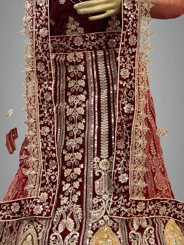 Maroon_Velvet_Bridal_Lehenga_Choli_Set_With_Embroidery_And_Dupatta