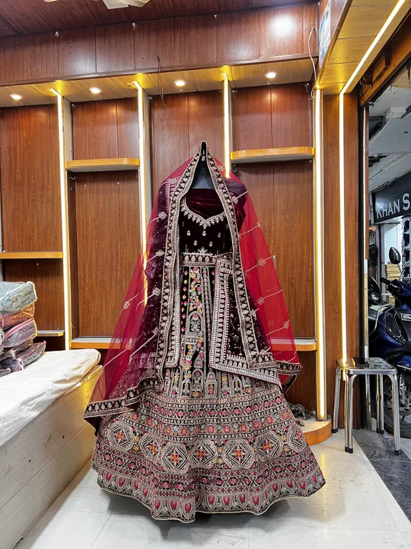 Maroon_Velvet_Bridal_Lehenga_Choli_Set_With_Embroidery_And_Dupatta