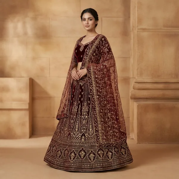 Maroon_Velvet_Bridal_Lehenga_Choli_Set_With_Heavy_Embellishments