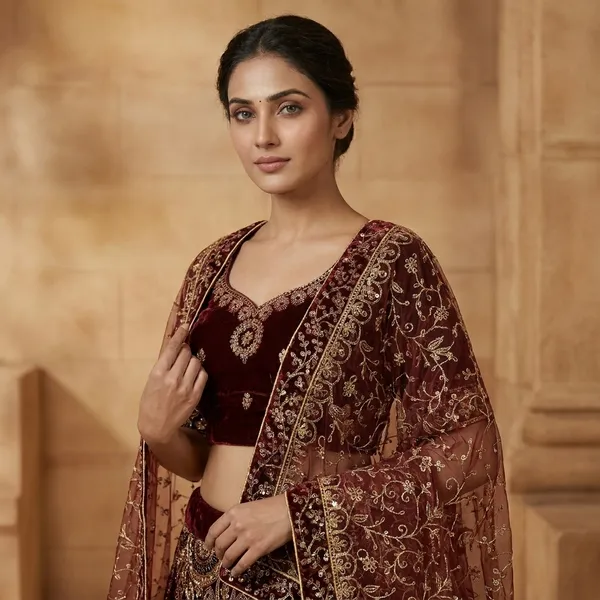 Maroon_Velvet_Bridal_Lehenga_Choli_Set_With_Heavy_Embellishments