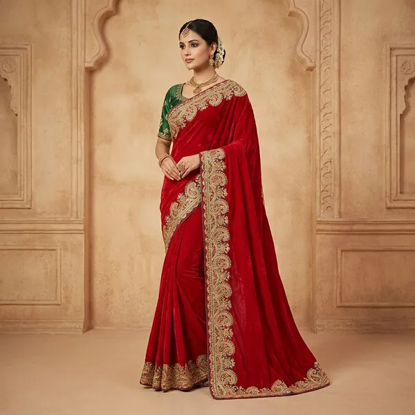 Red_Satin_Silk_Saree_With_Heavy_Paisley_Border