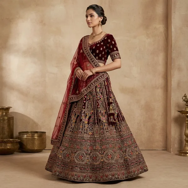 Maroon_Velvet_Bridal_Lehenga_Choli_Set_With_Embroidery_And_Dupatta